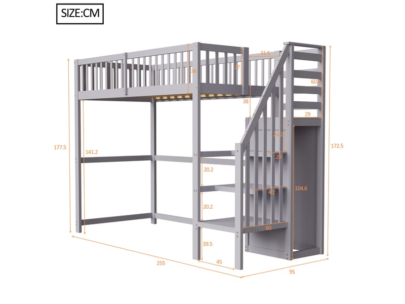  Lit mezzanine tcqpz 90 x 200 cm avec escalier, rangement et armoire simple gris en bois  - Conforama C