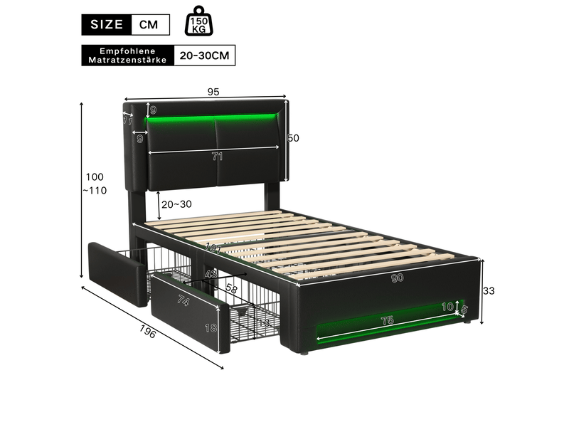 Lit enfant 90x190cm avec 4 tiroirs, ports usb de chargement, lumières led, design moderne, pu, noir, sans matelas  - Conforama D