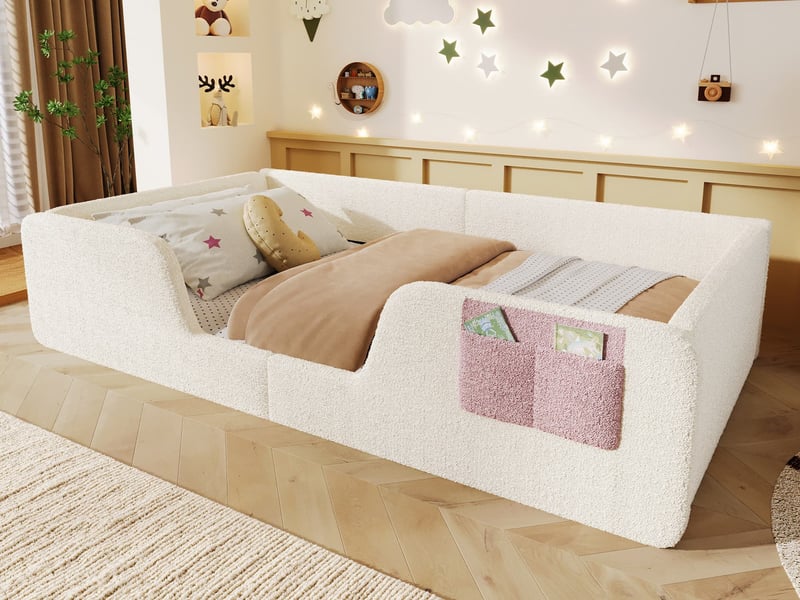  Lit rembourré, 90 x 190 cm, barrières de sécurité amovibles, poche de rangement intégrée en tissu, velours unique, beige  - Conforama B