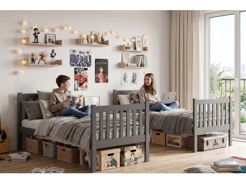  Lit superposé 3 places kacper 90x190 cm + lit tiroir 80x180 cm interbeds - bois massif de pin - gris  - Conforama B