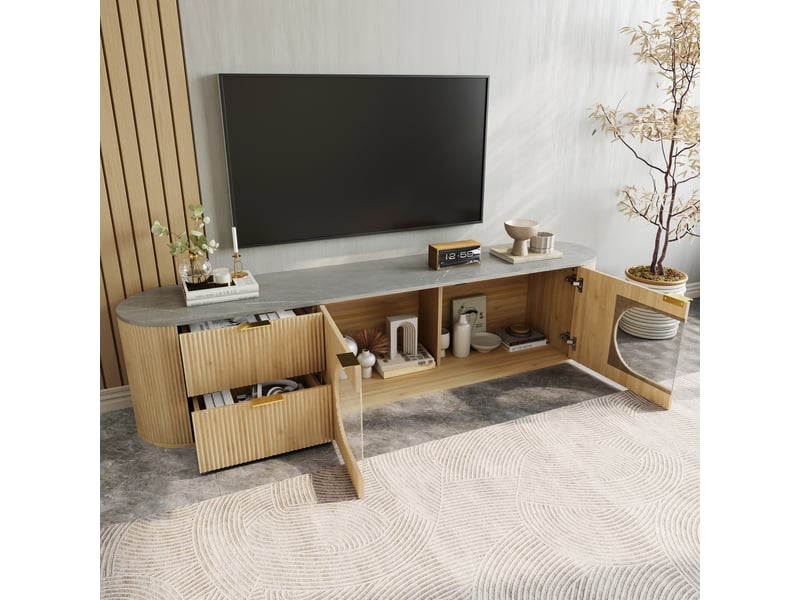  Meuble tv moderne minimaliste avec rangements et vitrine ovale, 172x38x45,5 cm, mdf, aspect bois naturel.  - Conforama D