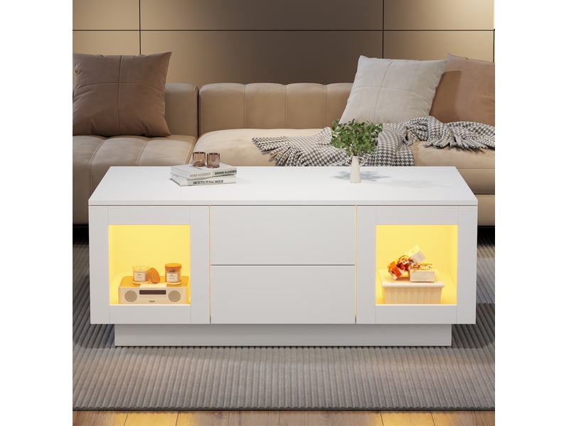 Table basse led avec 2 tiroirs, 2 portes, rangement et contrôle par application, pour salon, en mdf blanc, 100 × 50 × 40 cm  - Conforama C