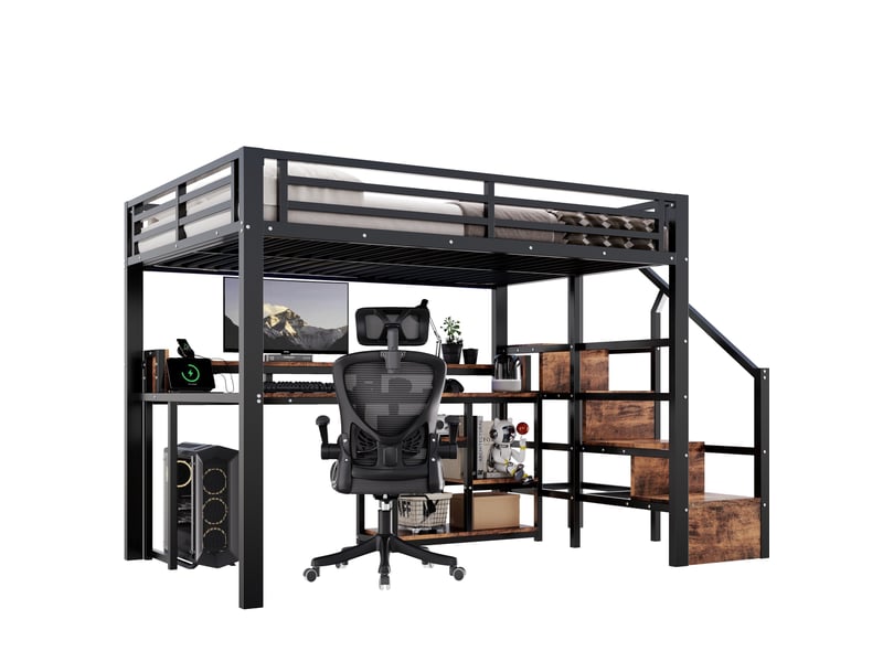 Lit mezzanine 140 × 200 cm 2 places, armoire-escalier, rangement, usb, type-c et led, sans matelas, métal noir - Conforama A