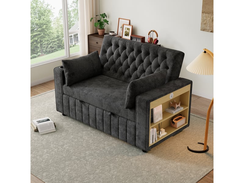  Canapé lit convertible 2 places en chenille avec dossier réglable, porte-gobelet, usb, étagère latérale, 2 coussins - gris  - Conforama C