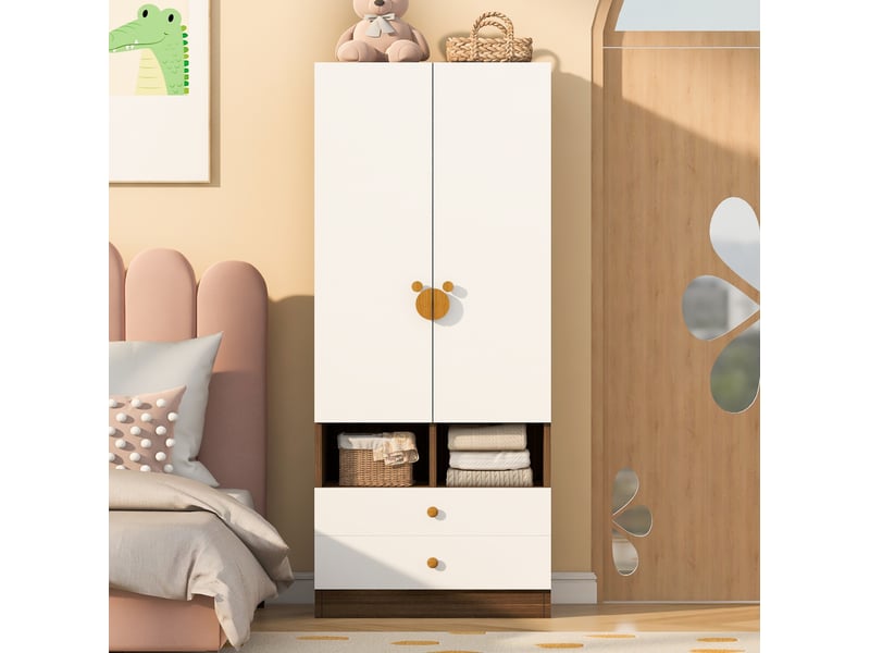  Armoire avec 2 portes, 2 tiroirs et 2 niches ouvertes, poignées décoratives, pour chambre, bois naturel, 70 × 50 × 170 cm  - Conforama C