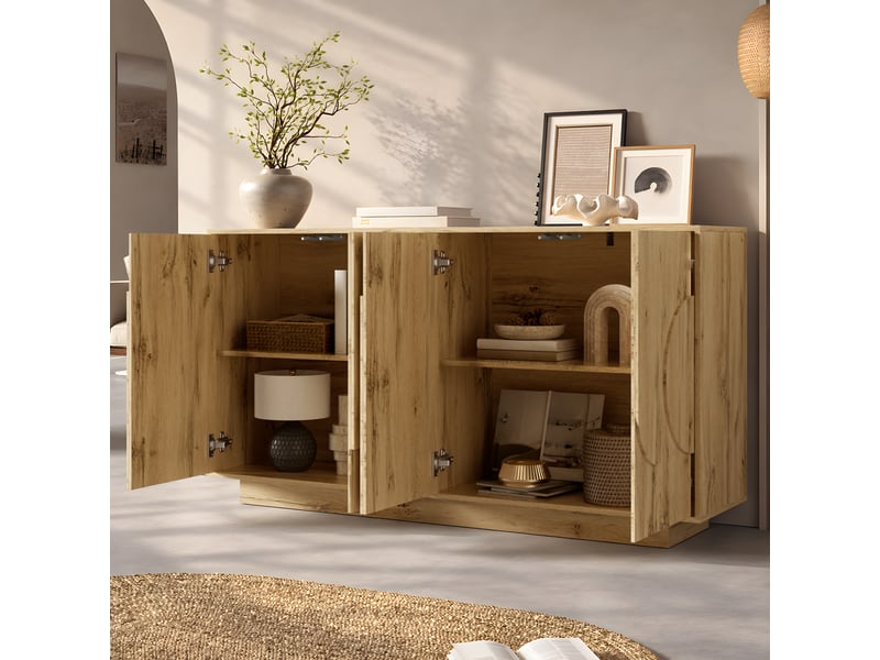  Buffet bas 160x40x85 cm avec 4 portes, étagères réglables, design sans poignées et façade décorative en relief - mdf bois  - Conforama E