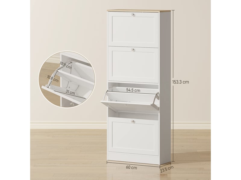  Meuble à chaussures gain de place à 4 tiroirs avec étagères réglables à 2 niveaux, 60 x 23,5 x 153,3 cm, blanc  - Conforama D