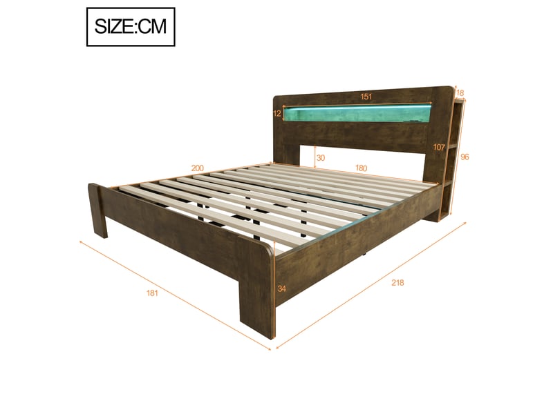  Lit 180x200 cm effet bois naturel, tête de lit avec rangement, led et prises intégrées Fay Lum - Conforama C