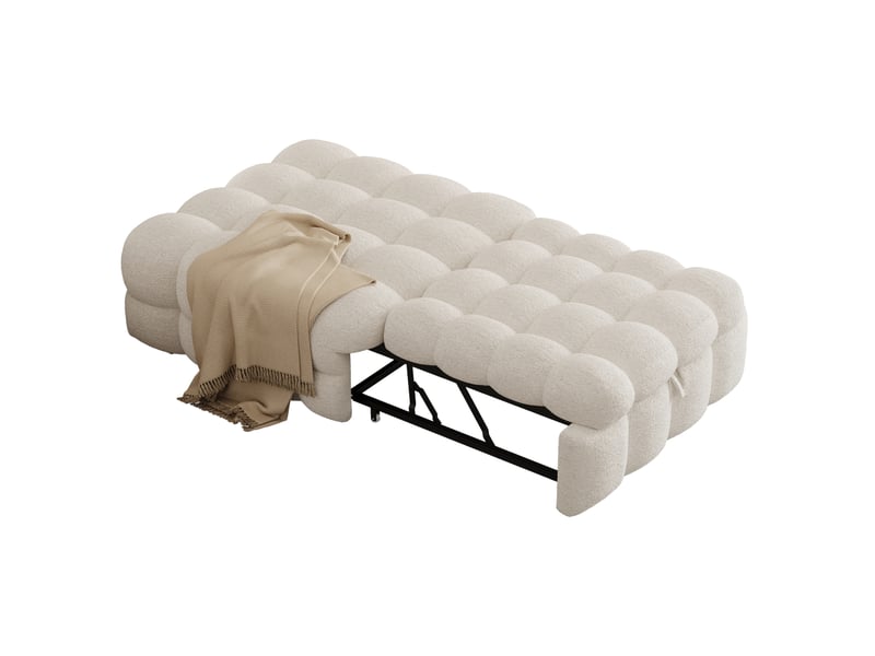  Lit banquette 2-en-1 avec pouf, convertible en lit simple, tissu bouclette beige, design moelleux  - Conforama A