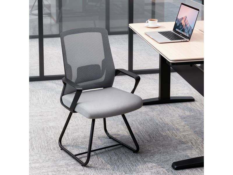  Chaise de bureau en tissu mesh transparent sans roulettes pour salle d'attente et salle de conférence, gris foncé  - Conforama C