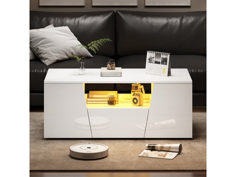  Table basse blanche brillante 100x50x40 cm, table de salon avec éclairage led, 2 placards et 1 tiroir, design asymétrique  - Conforama B