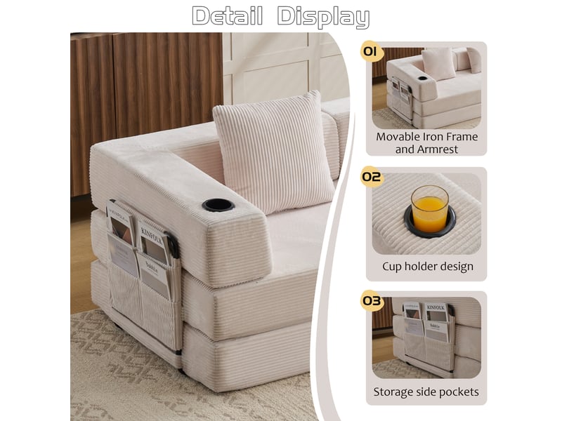  Canapé de sol convertible,185x92.5x60 cm,2 places,velours côtelé,blanc  - Conforama E