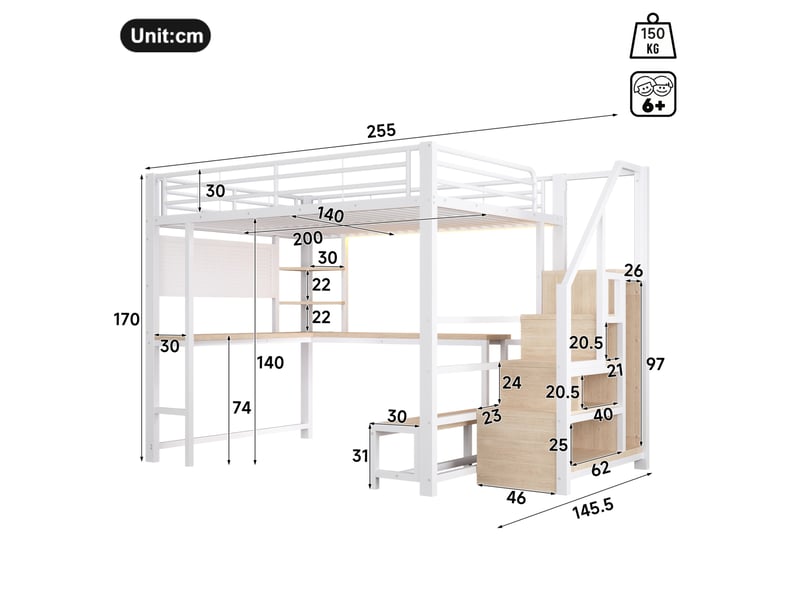  Lit mezzanine 140x200 cm avec bureau, led et rangements coloris blanc  - Conforama C