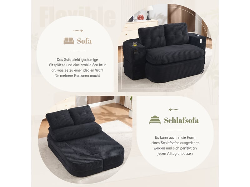 Canapé convertible, canapé-lit, en velours tricoté, noir, porte-gobelets, assise profonde, pliable, 2 en 1 - Conforama E