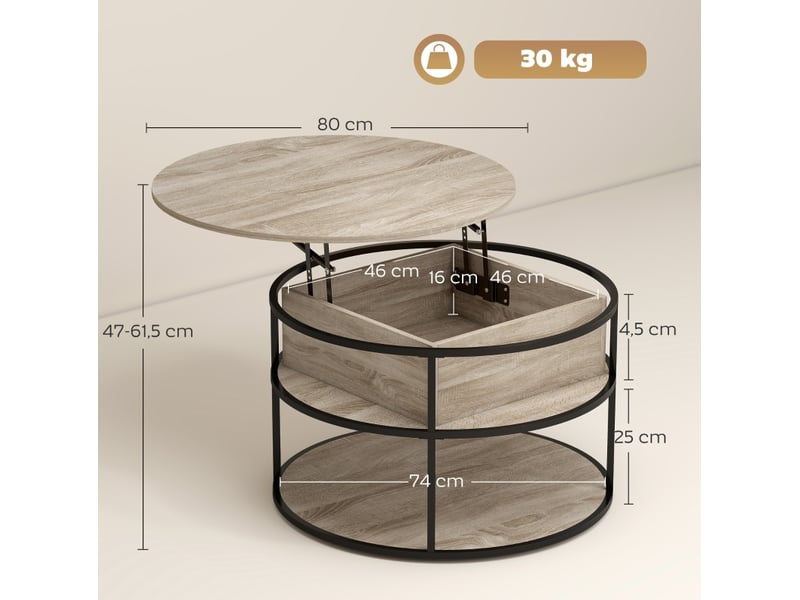  Table basse ronde ø80 x 47-61,5 cm en panneau de particules mélaminé avec plateau relevable et rangement chêne chicfurn  - Conforama D