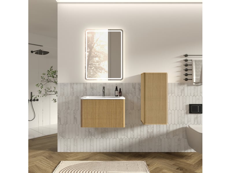Armoire de salle de bain avec miroir led, meuble sous vasque et colonne, pour salle de bain - Conforama C