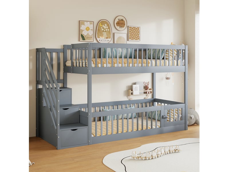 Lit superposé 90x200 cm avec barrières de sécurité, échelle avec tiroirs et 1 sommier, bois, couleur gris, sans matelas - Conforama B
