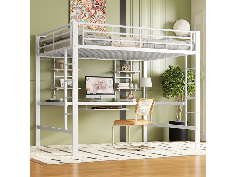  Lit en hauteur, 140x200 cm, lit en hauteur, avec bureau, deux bibliothèques, matelas non inclus, métal, coloris blanc  - Conforama D