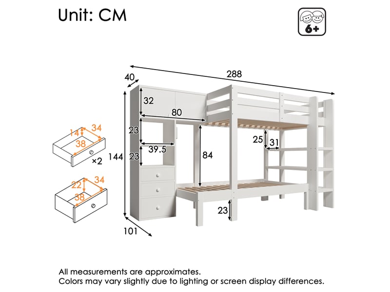  Lit à couchages superposés, 90x200 cm, solution de rangement intégré, matelas non inclus, bois et métal, coloris blanc  - Conforama C