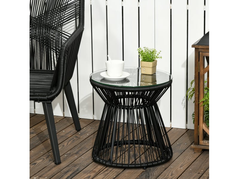  Table d'appoint de jardin ronde 40x40x42 cm noire en résine tressée, plateau en verre trempé de 5 mm  - Conforama B