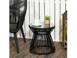 Table d'appoint de jardin ronde 40x40x42 cm noire en résine tressée, plateau en verre trempé de 5 mm