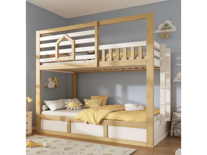  Lit superposé 90x200cm, style cabane, rangement hydraulique, échelle, garde-corps, bois blanc et chêne, sans matelas C-DEGAYUN - Conforama B