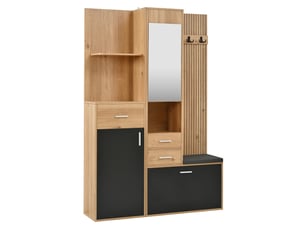 Vestiaire d'entrée avec banc, miroir et led, noir et naturel 120 x 32 x 178 cm
