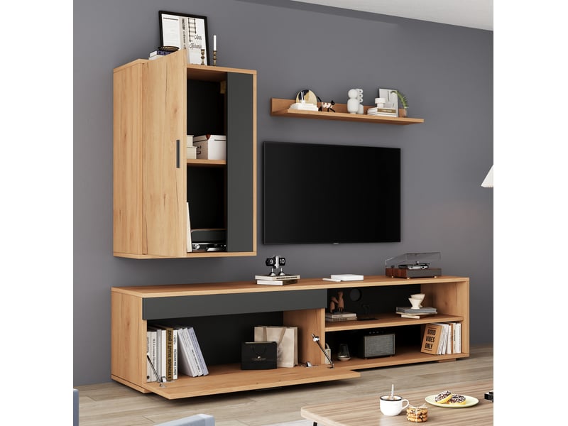  Meuble tv avec meuble mural, étagère murale, 2 portes à fermeture amortie et rangements pour salon, chêne et noir  - Conforama B