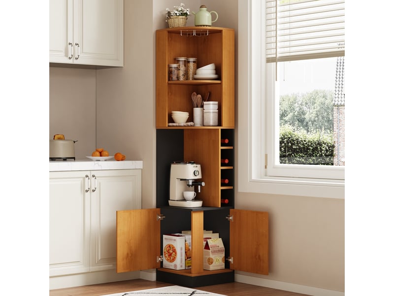 Meuble d'angle pour vin - 40 x 40 x 182 cm - bois et noir - colonne de rangement d'angle avec porte-verres et compartiments à bouteilles - Conforama C