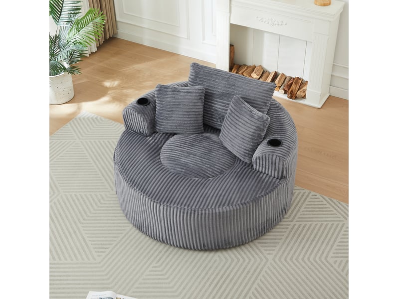  Fauteuil lounge rond 1 place en velours côtelé gris avec porte-gobelets  - Conforama W