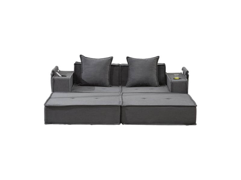  Canapé-lit modulable 2 places en velours côtelé gris foncé, avec coussins, poches latérales et porte-gobelets  - Conforama A