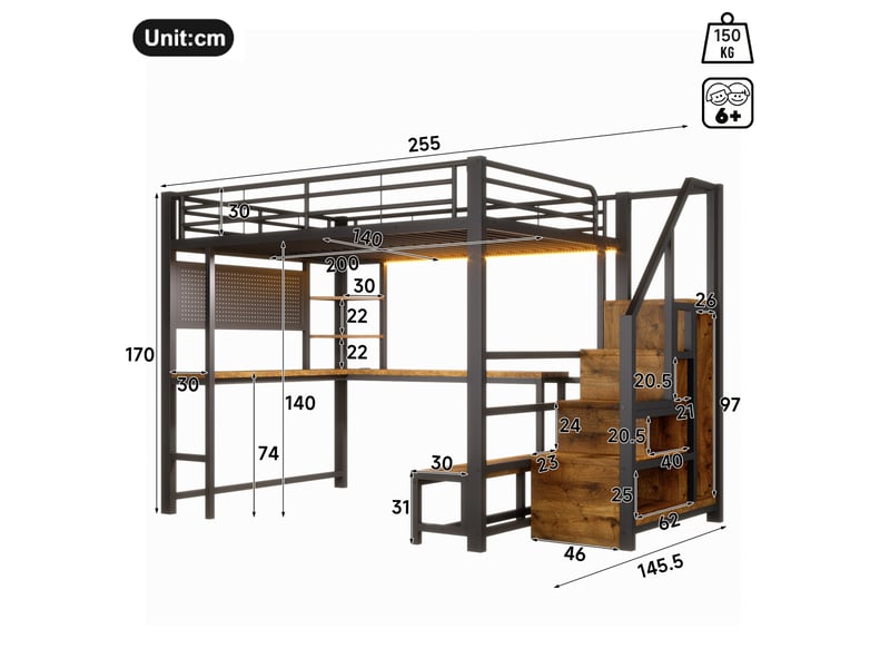  Lit mezzanine 140x200 cm avec bureau, rangements, led, usb et usb-c, noir  - Conforama C