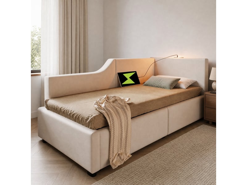 Lit de jour 90x190 cm avec rangement hydraulique, velours beige, liseuse usb-c - Conforama C