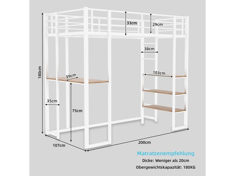  Lit mezzanine 90x190cm - avec bureau en l et étagères, échelles bilatérales - lit 1 place - place pour enfant et ado - blanc  - Conforama C