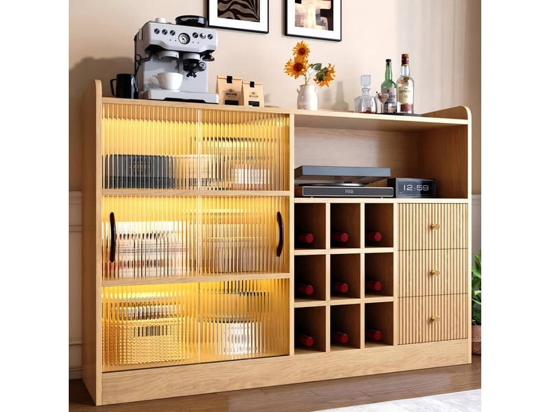  Buffet et enfilade avec 2 portes coulissantes vitrées, 3 tiroirs, casier à vin et led pour salle à manger 120×30×85 cm  - Conforama C
