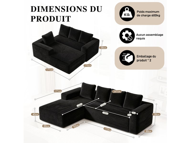 Canapé d'angle modulable 4 places avec méridienne evryae - Conforama E
