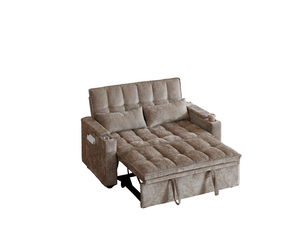 Canapé convertible 2 places en tissu marron avec rangements, porte-gobelets et couchage d'appoint pratique