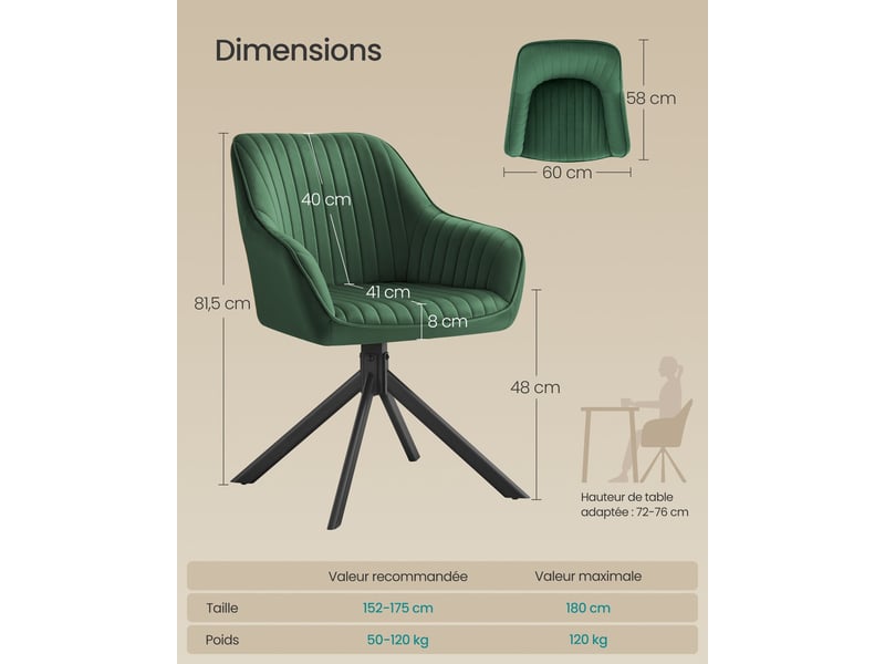 Chaise de salle à manger pivotante design moderne 58 x 60 x 81,5 cm confort rembourré en velours noir d'encre 12_0012469  - Conforama B