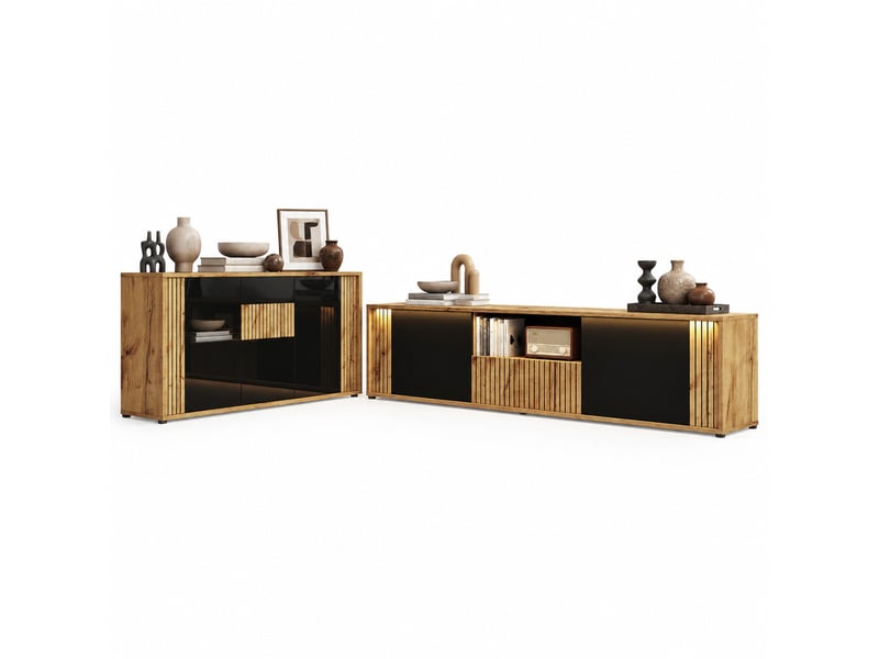  Ensemble meuble tv et buffet 2 pièces noir et bois – led bluetooth – 180 x 40 x 51 cm 140 x 35 x 71 cm  - Conforama A