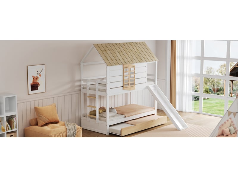  Lit superposé cabane 2 × 90 × 200 cm, toboggan et lit gigogne, blanc et bois naturel  - Conforama B