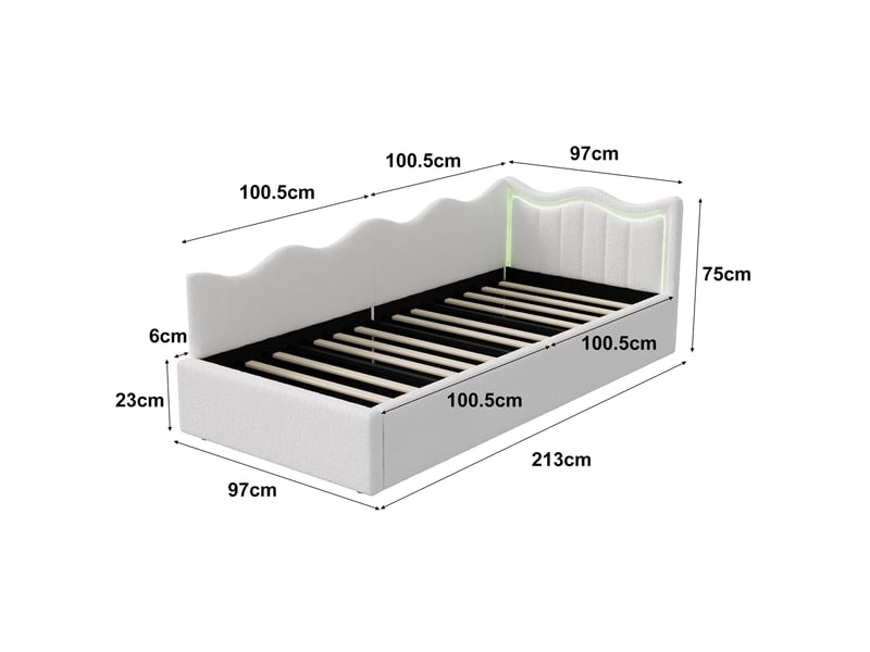  Lit coffre 90x200cm - lit enfant 90x200 - lit simple rembourré tissu bouclette avec éclairage led rgb, dossier vague - blanc  - Conforama E