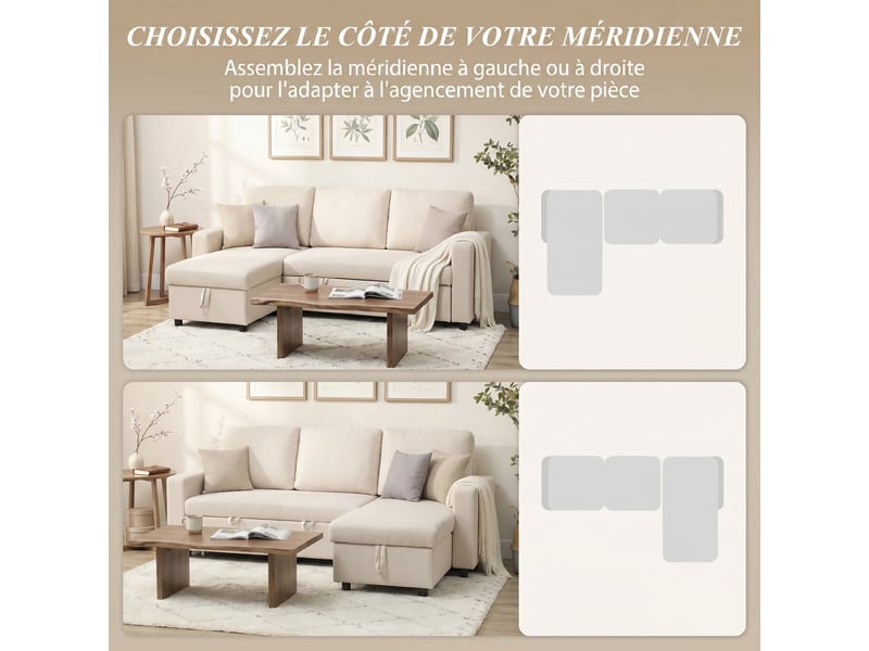 Canapé d'angle convertible modulable avec méridienne réversible, crème, coffre de rangement et 3 coussins de dossier - Conforama E