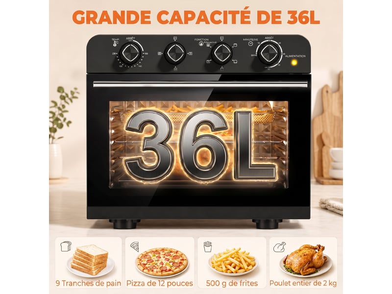  Friteuse à air chaud 36l, four à air chaud 1800 w avec rôtissoire, plaque de cuisson, noir, panier de friture et grille  - Conforama D