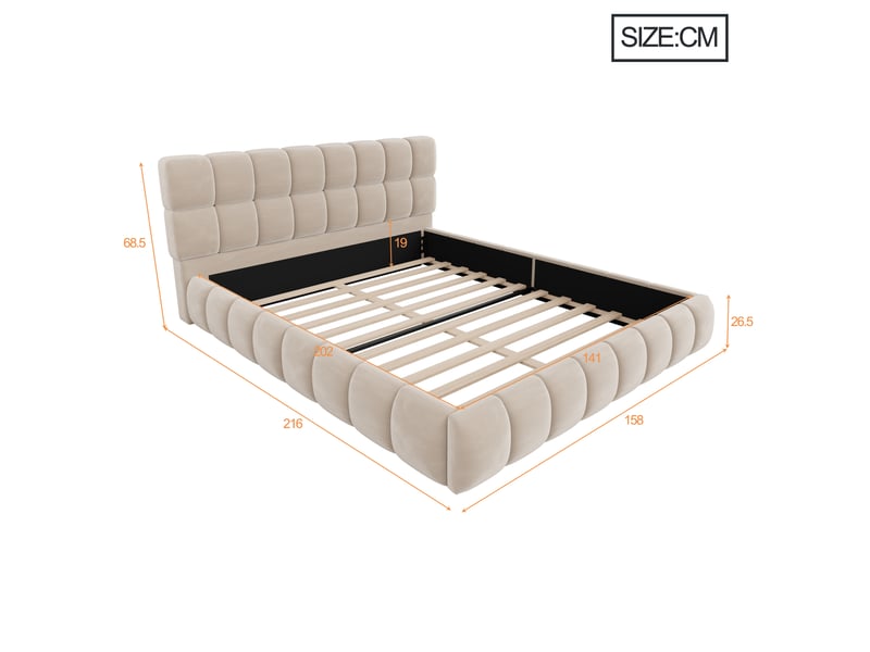  Lit double rembourré 140x200 cm, tête de lit rembourrée, cadre matelassé , pour jeunes et adultes, velours, beige  - Conforama C