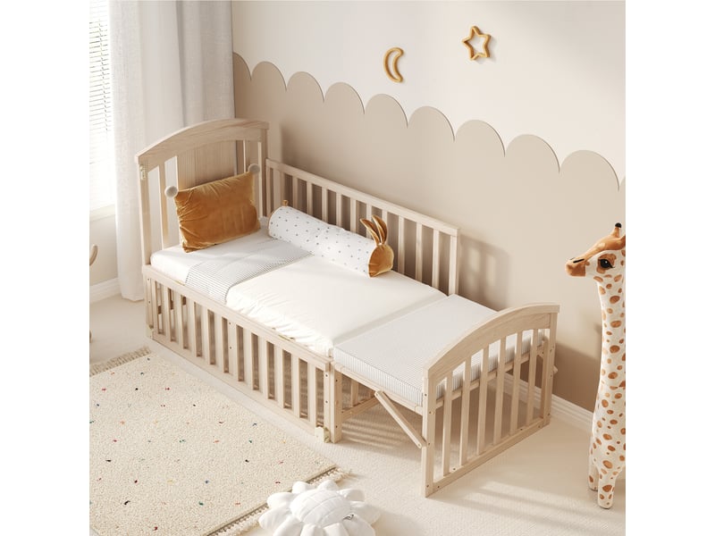  Lit bébé évolutif en bois massif coloris naturel avec table à langer, tablette rabattable, fonction cododo, sans matelas, 120 x 60 x 95 cm  - Conforama D