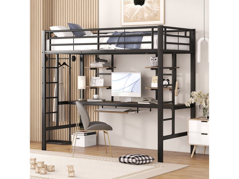  Lit mezzanine 90x200cm, noir, structure métal, bureau, deux étagères, sécurité enfant solide, pour chambre  - Conforama D