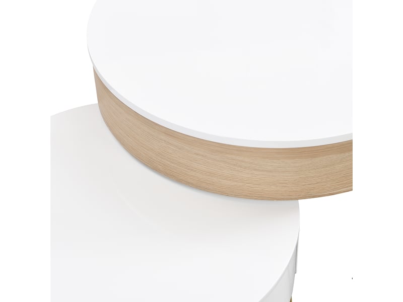  Lot de 2 tables basses rondes 70x70x42-56,5 cm + 60x60x27 cm relevables, blanc et bois  - Conforama E