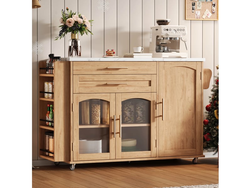 Desserte de cuisine 120x4570 cm – naturel – plateau rabattable, 5 roulettes verrouillables et rangements - Conforama B