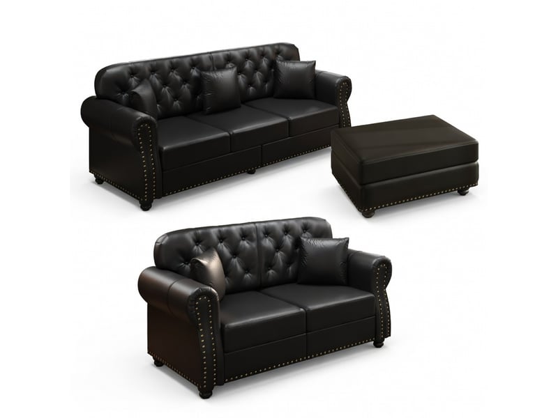  Canapé droit noir 5 places en simili, assise confortable avec ressorts et design classique chesterfield  - Conforama A