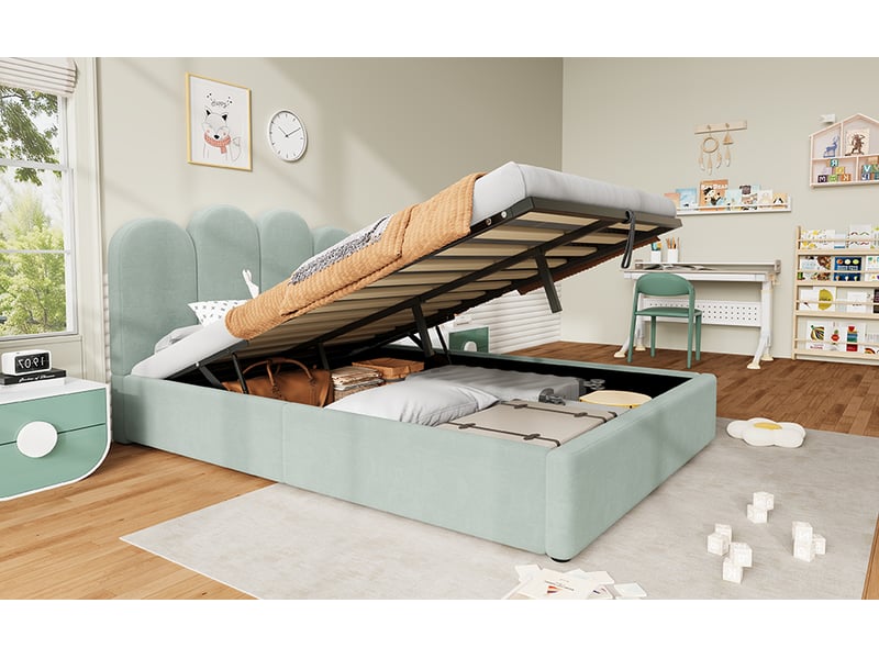  Lit coffre rembourré 140 x 200 cm vert clair en velours, sommier relevable hydraulique et tête de lit arquée  - Conforama B